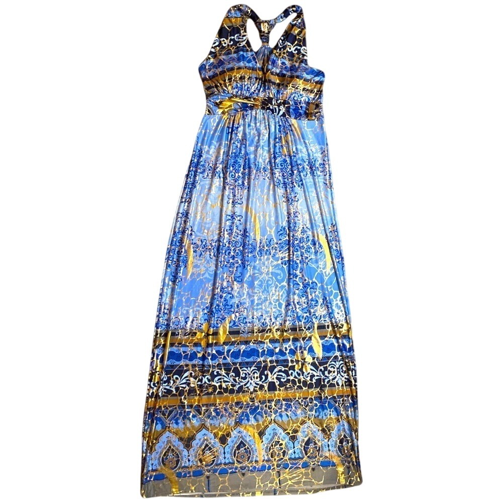 Maxi Dress Halter Blue Brown Floral Sleeveless‎ Evening Party Cocktail S/M - Picture 3 of 11